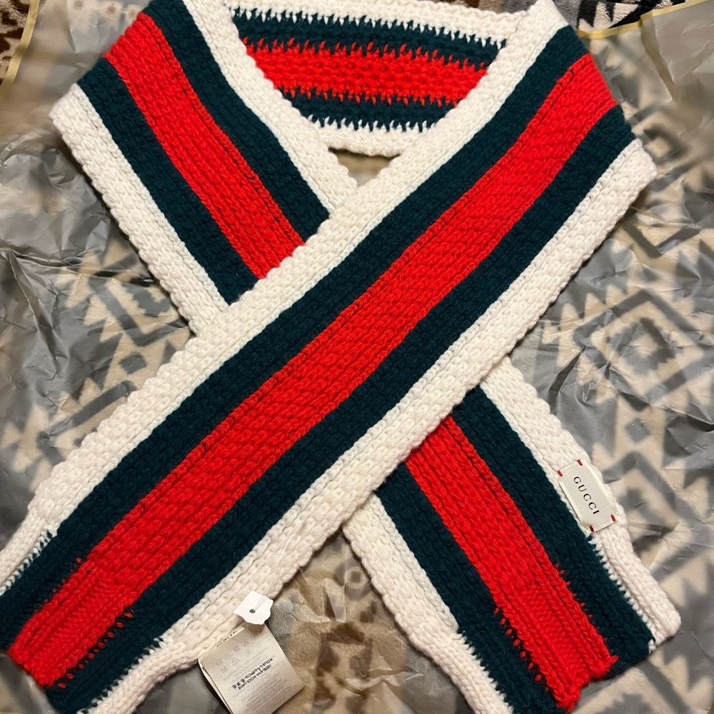 Gucci NWT Sherry Line Green Red White Wool Knit Unisex Scarf - Picture 4 of 12